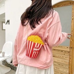 Creative popcorn bucket shoulder bag with red stripes and golden chain for women