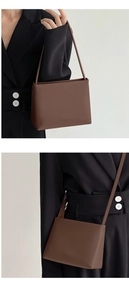 Brown leather crossbody bag worn with a black blazer showing single shoulder and crossbody styles