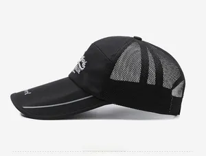 Detail of breathable black mesh baseball cap with white embroidered letters and long brim