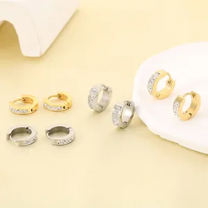 Stainless Steel Huggie Hoop Earrings Zircon Inlaid Round Small Hypoallergenic Minimalist Chic Jewelry For Women
