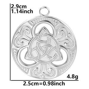 Detail view of silver witch knot pendant with 2.9cm height and 2.5cm width dimensions