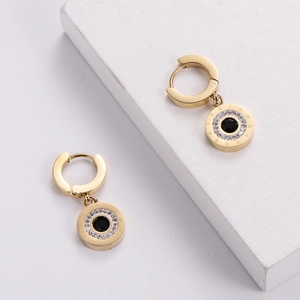 Golden Roman numeral earrings with black stone and sparkling crystal accents