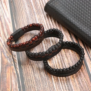 Three men's braided leather bracelets with tiger eye, lava rock and matte agate beads