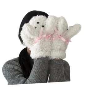 Winter plush puppy gloves with pink bows made of thick faux fur for warm outdoor use