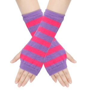 Detail of purple and pink striped knitted fingerless gloves showing texture and fit
