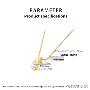 Detailed view of teardrop pendant necklace with specifications on a white background