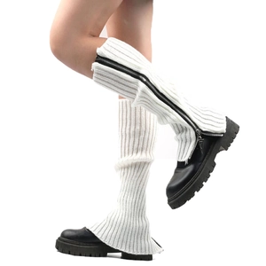 White knitted leg warmers for women with stylish black side zipper and ribbed texture