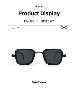 Front view of retro thick metal frame sunglasses with dark grey lenses in black C1 finish