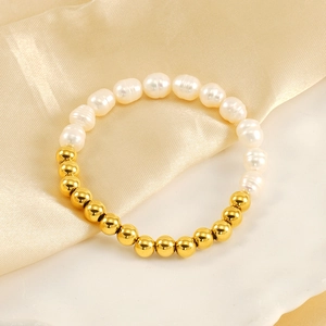 Baroque pearl and 18k gold plated titanium steel bead bracelet on champagne silk