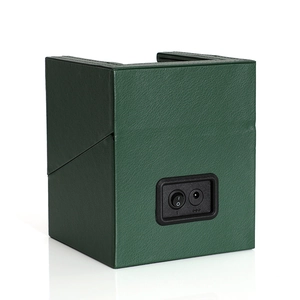 Deep green faux leather watch winder showing the back with power switch and DC interface