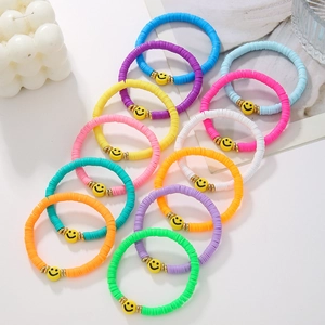 Bohemian colorful rainbow Heishi bead bracelet set with yellow smiley face charms