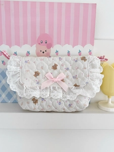 Sac À Bandoulière En Coton Matelassé Imprimé Ours Et Fleurs Avec Dentelle Nœud Rose Sac Kawaii