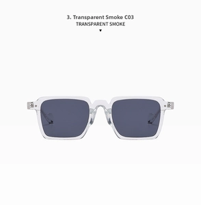 Flat lay of square transparent smoke sunglasses with clear frames and C03 color code
