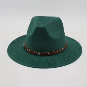 Detail of vintage dark green fedora with brown leather band and silver star studs