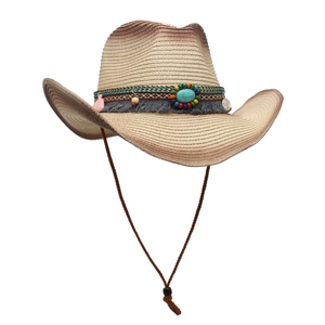 Western Cowboy Straw Hat Ethnic Bohemian Sun Protection Wide Brim Foldable Beach Hat With Turquoise Tassel Decor And Wind Rope