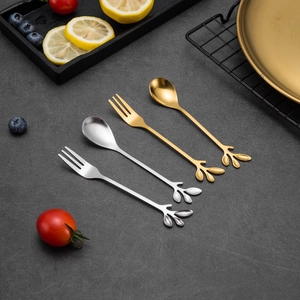 Golden and silver stainless steel leaf-shaped dessert spoon and fruit fork set