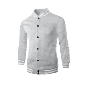 Detail of grey baseball jacket showing ribbed collar, white stripes and black snap buttons