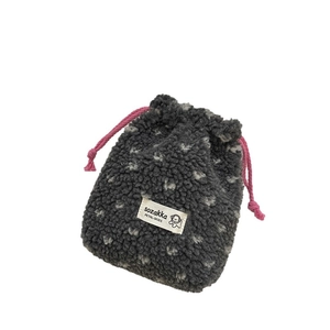 Soft grey fleece drawstring storage bag with pink cords and heart pattern detail