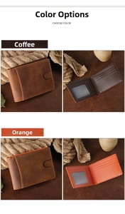 Detail view of coffee and orange crazy horse leather wallets with RFID card slots