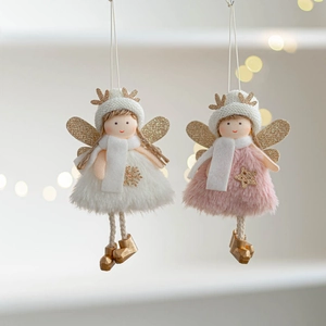 Detailed view of pink and white plush Christmas angel ornaments with golden glitter antlers