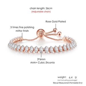 Macro detail of adjustable rose gold tennis bracelet with 3x6mm marquise-cut cubic zirconia