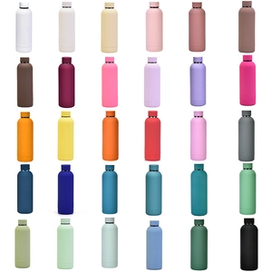 Grid of colorful double-walled insulated water bottles in matte finish for outdoors