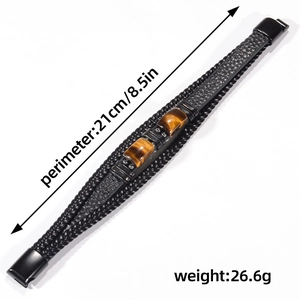 Detailed view of layered leather bracelet with tiger eye stones and size specifications