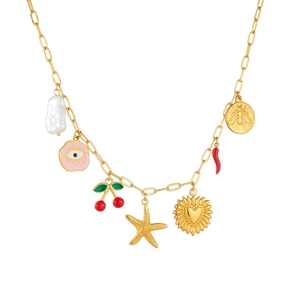 Gold charm necklace with baroque pearl, pink enamel eye, cherry and golden heart pendants