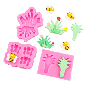 Juego de 3 moldes de silicona rosa para fondant con formas de abejas, flores y hierba