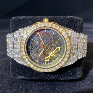 Luxury iced out men's mechanical watch with skeleton dial and diamond encrusted bezel