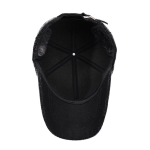 Winter thermal baseball cap in black with folding ear flaps and thick lining