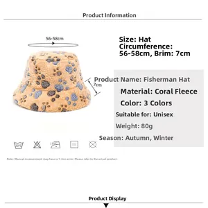 Detailed size specifications of plush bucket hat with bear paw pattern in coral fleece