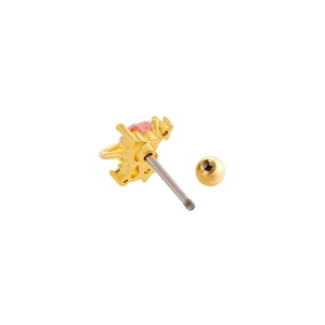 Golden heart stud earring with pink zircon bowtie and screw back on white background