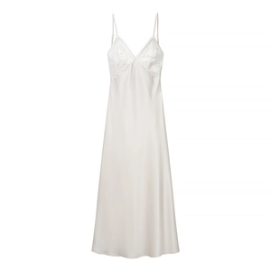 Elegant cream satin slip dress with lace V-neckline and adjustable spaghetti straps