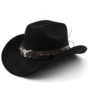 Black felt western cowboy hat with brown leather band and silver bull head emblem