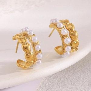 Orecchini A Cerchio Retro Francesi Acciaio Inossidabile Placcato Oro 18K Bordo A Cuore Perla Artificial Sintetica Gioielli Eleganti