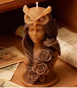 Gros plan sur la bougie sculpture hibou et rose avec texture lisse et fini mat