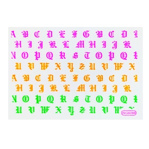 Macro detail of neon gradient Gothic letter nail stickers with model WG6088 branding