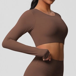 Haut de yoga femme à manches longues marron foncé en tissu brossé double face