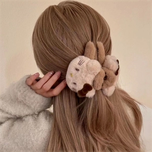 Furry Hello Kitty plush claw clip in beige for women's creative hairstyle back view