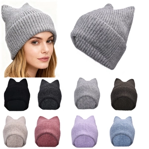Detailed knit texture and color selection of cat ear beanies in eight vibrant shades
