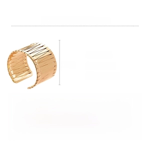 Detailed size and weight specs for gold wide woven textured open cuff iron bracelet