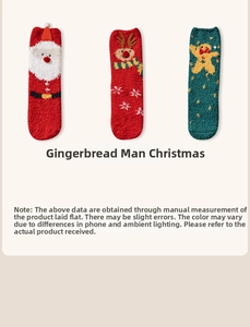 Detailed view of three pairs of warm coral fleece Christmas socks featuring Santa and reindeer