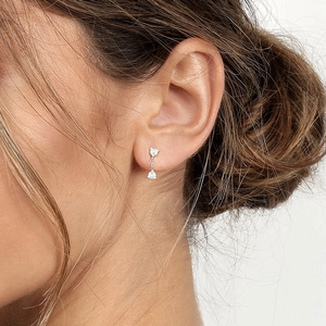 Close-up of elegant S925 silver pear-shaped zircon drop earrings worn by a model