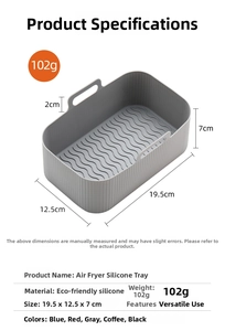 Detailed diagram of grey silicone air fryer liner with 19.5x12.5x7cm dimensions