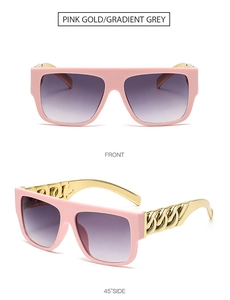 Front and 45-degree side view of pink large frame sunglasses with gold chain temples