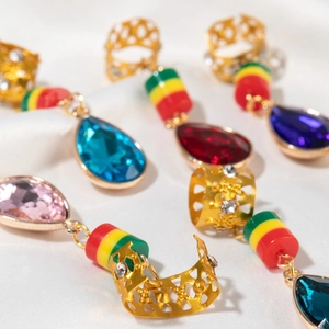 Golden hollow hair rings with multi-color teardrop crystals and colorful beads for braids