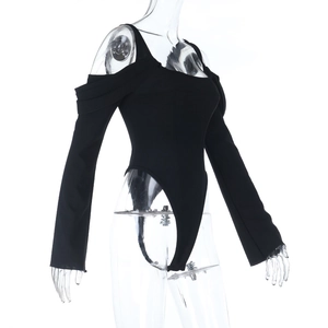 Close-up of black long-sleeve off-shoulder bodysuit with high-elastic knit texture