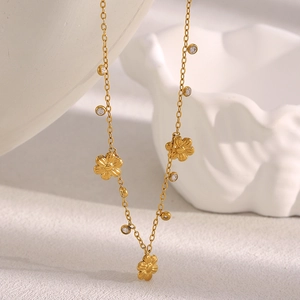 Exquisite 18K gold plated stainless steel necklace with zircon flower charms on an O-chain