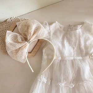 Serre-tête nœud à paillettes beige et robe en tulle blanc à pois pour filles